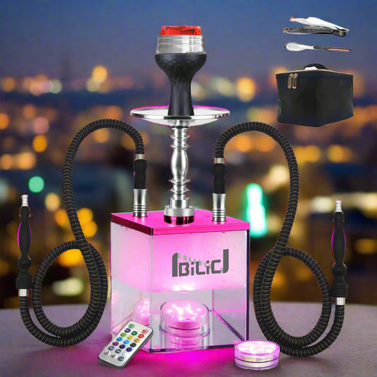 Pink and silver hookah set with black hoses and remote control on a white background