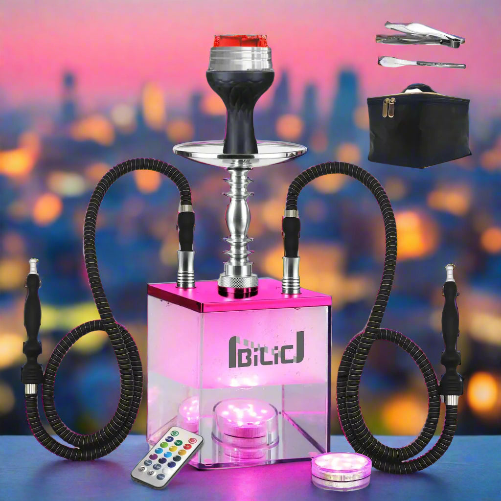 Pink and silver hookah set with black hoses and remote control on a white background