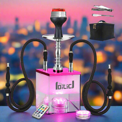 Pink and silver hookah set with black hoses and remote control on a white background