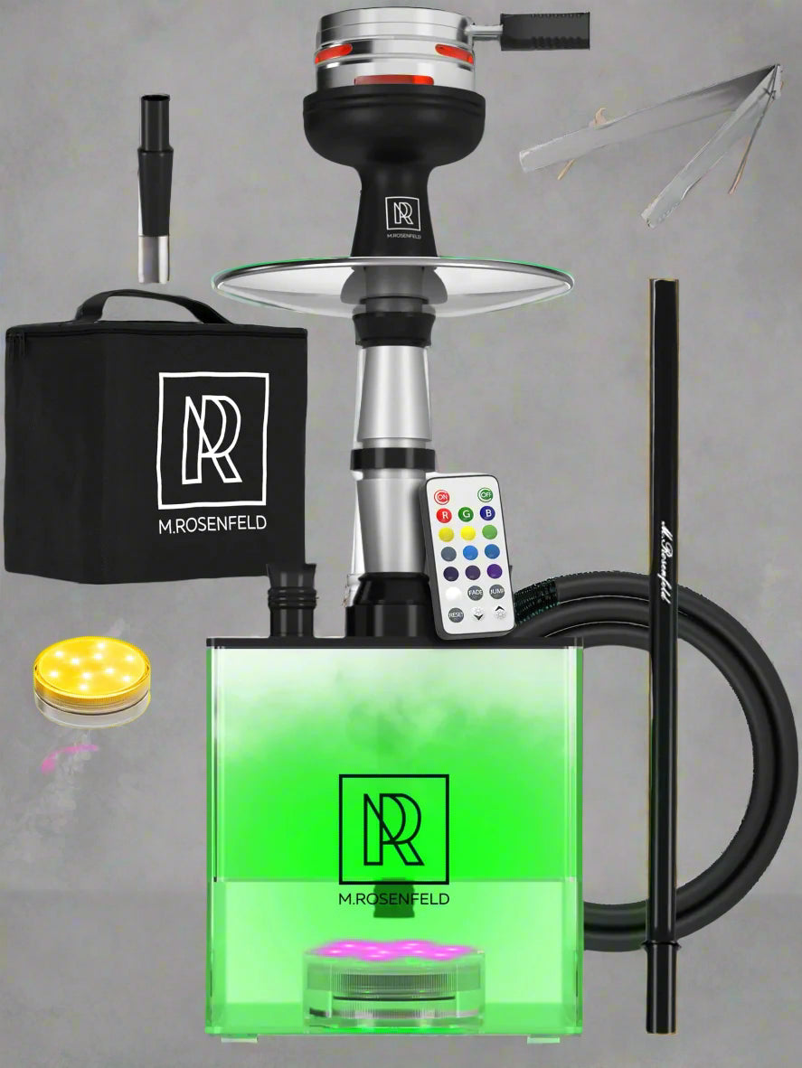 Hookah set with green tank, remote control, and accessories on a white background