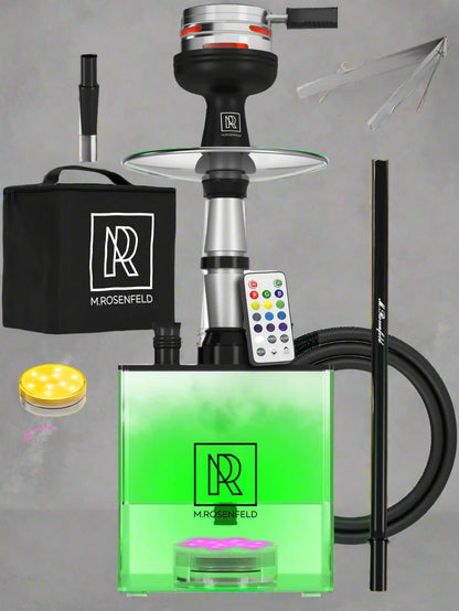 Hookah set with green tank, remote control, and accessories on a white background